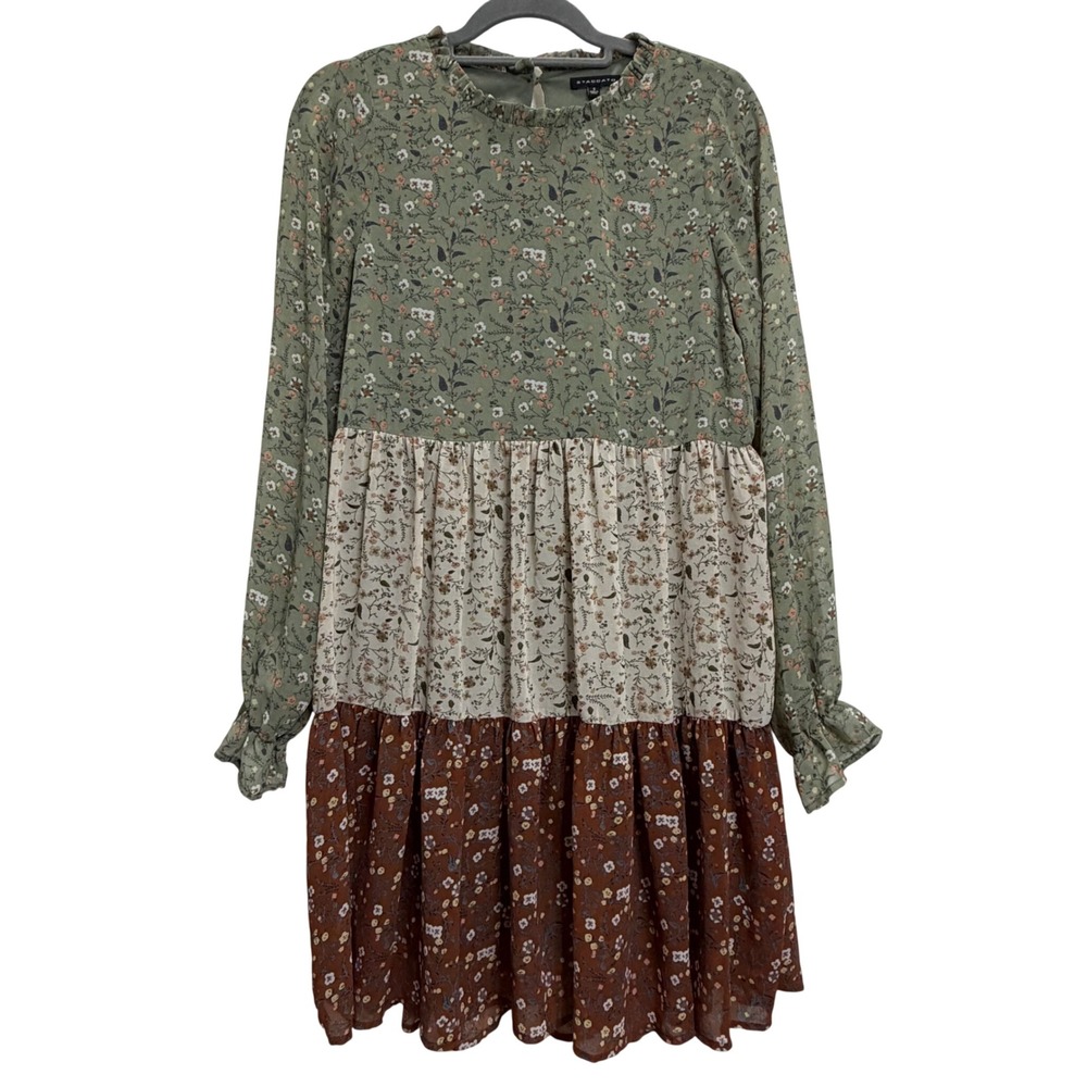 Boho Forest Fairy Cottagecore 3-Tier Floral Dress Long Sleeve Ruffle Staccato S